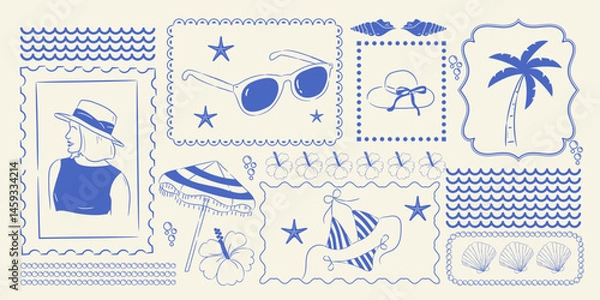 Obraz Vintage summer set of doodle hand drawn objects. Vintage summer symbols. Vacations, tourism, logo, frame
