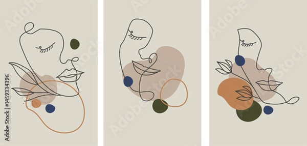 Obraz Single line hand drawn young woman portrait female beauty, minimalistic beautiful girl face. Dynamic continuous one line graphic vector design with liquid, fluid shapes. Faces collection, fashion set