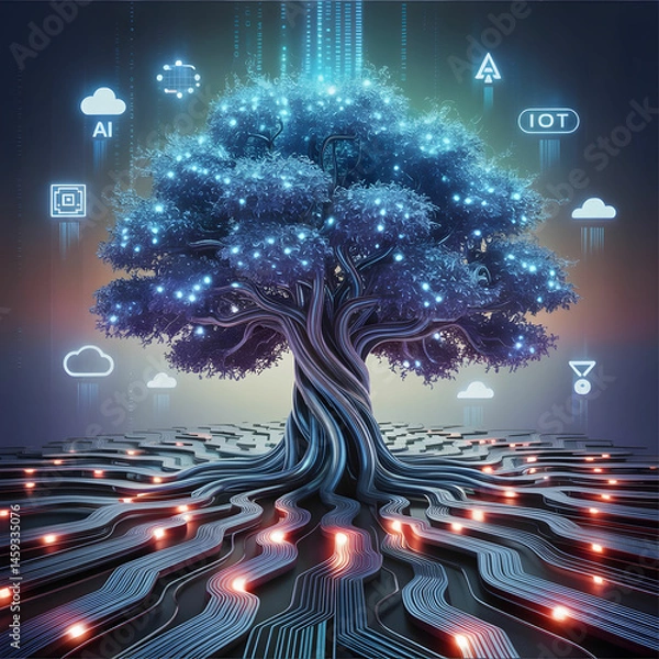 Fototapeta This abstract visualization metaphorically represents the evolution and integration of digital transformation and automation technologies using a tree