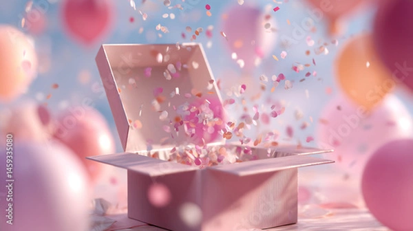 Obraz Gender reveal box opening with confetti and balloons flying out