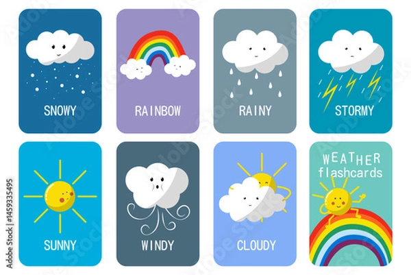 Fototapeta weather flashcards collection. Sunny, rainy, windy, snowy, rainbow, cloudy, stormy. Flash cards set with funny sun and cloud characters. Vector illustration