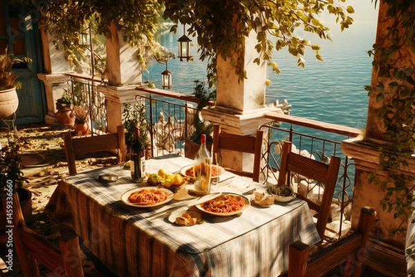 Obraz Sunlit terrace overlooking the Tyrrhenian Sea