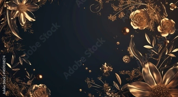 Obraz 3D Render of Luxury Style Wallpaper Design with Gold Flowers on Black Background and Golden Leaves and Branches Frame in Center