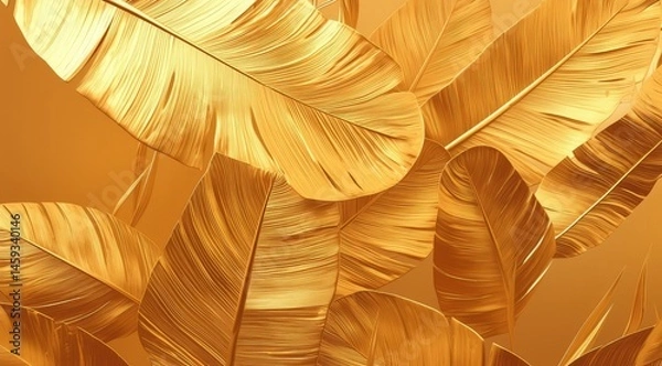 Obraz 3D Wallpaper with Golden Banana Leaves on Gold Background for Elegant Wall Design