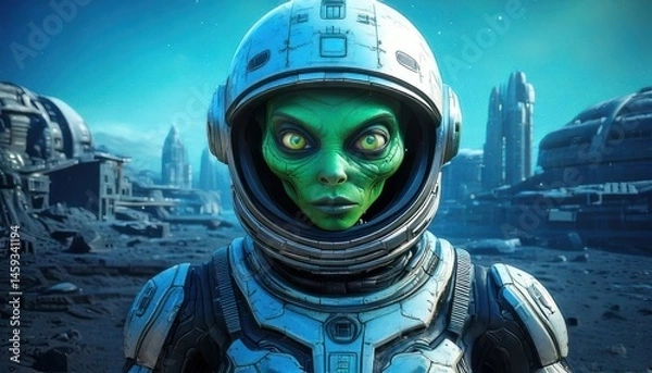 Obraz A green alien in a spacesuit stands on a futuristic extraterrestrial cityscape, with advanced buildings and a blue sky in the background.