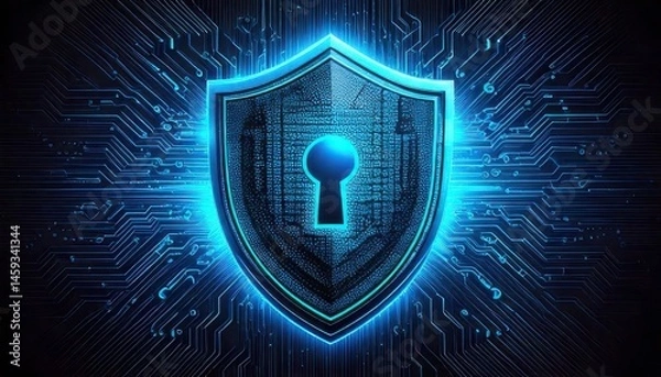 Obraz A glowing shield with a keyhole at the center, surrounded by digital circuit patterns symbolizing cybersecurity and data protection.