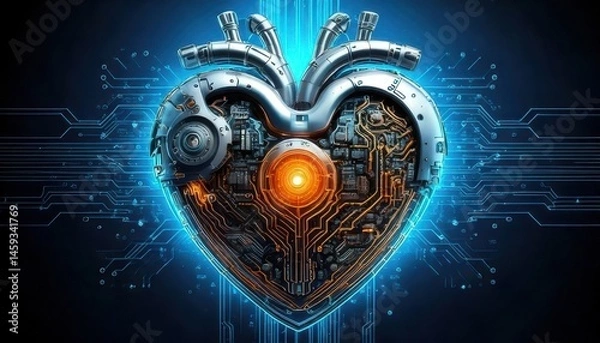 Obraz A futuristic, mechanical heart with glowing circuits and wires, blending technology and biology in a vibrant digital art style.