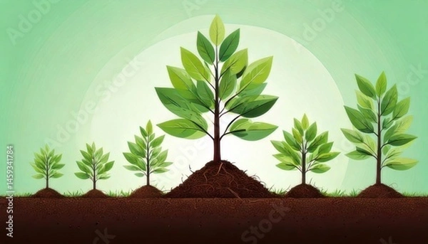 Obraz Illustration of five green plants at different growth stages, rooted in soil, symbolizing development and growth against a gradient green background.