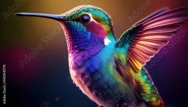 Fototapeta A vibrant, close-up image of a colorful hummingbird in flight against a blurred, multicolored background.