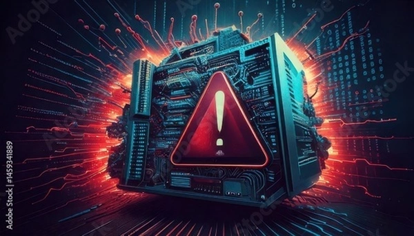 Fototapeta A futuristic computer with a warning sign glows, surrounded by digital circuits and data bursts, symbolizing a cybersecurity alert or system failure.