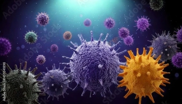 Obraz Colorful 3D-rendered viruses and microbes float in a dark, illuminated microscopic environment.