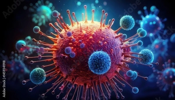 Fototapeta A digitally rendered close-up of a virus particle, showcasing its detailed surface and spikes against a dark background.