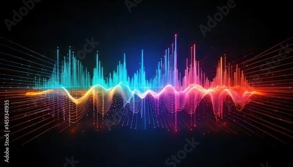 Fototapeta Vibrant, colorful sound waves and bars on a dark background, visually representing audio frequencies and music visualization.