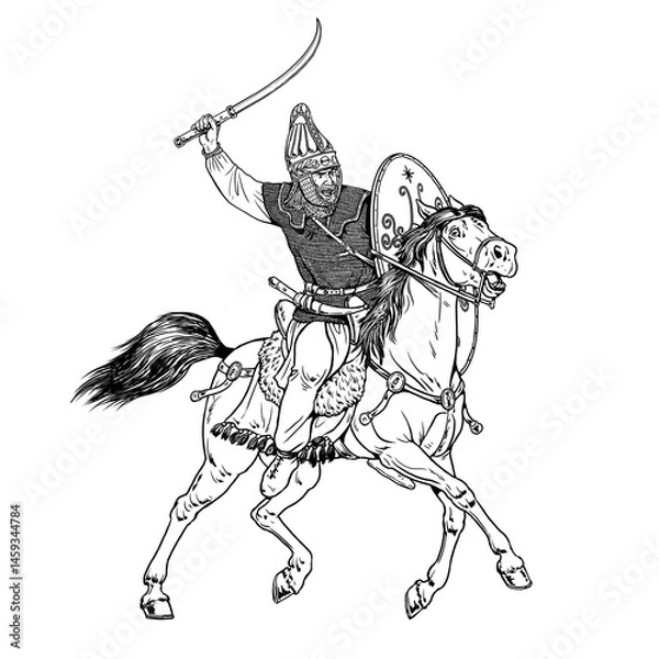 Fototapeta The Dacian cavalry. Ancient Dacian warrior horseman. Historical drawing.