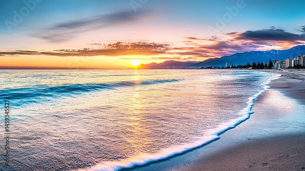 Obraz Beautiful Beach Sunrise with Calm Waves and Mountain View