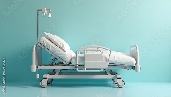 Fototapeta Hospital bed with adjustable rails, clean 3D rendering
