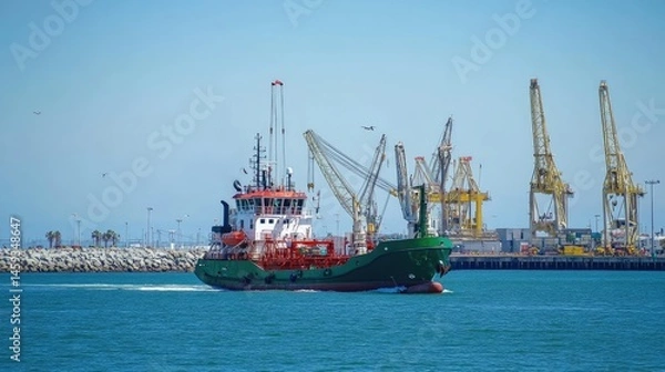 Fototapeta Industrial ocean transport ship flanked by coastal cranes and port walls