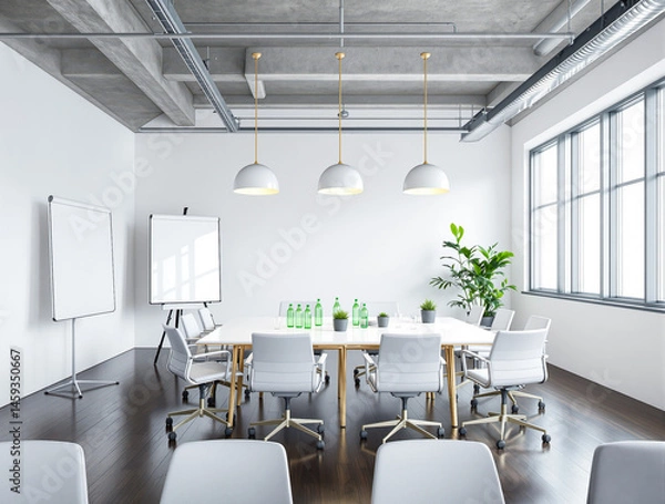 Fototapeta modern minimalist conference room with white table and chairs