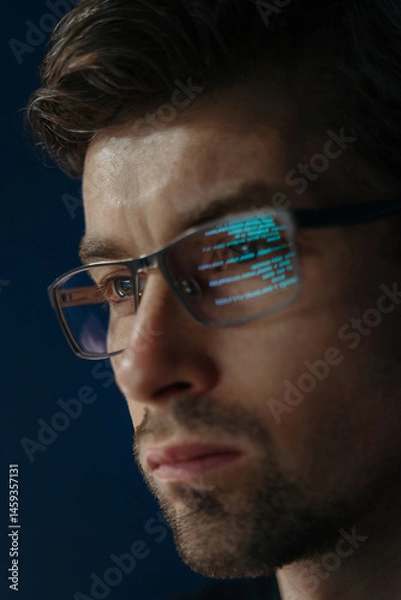 Obraz Close up of focused software engineer or data scientist wearing glasses, analyzing code on his screen. Programming script reflects on his eyeglasses as he works late. 