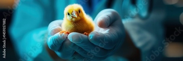 Obraz Close-Up View of a Yellow Chick in the Hands of a Veterinarian in a Clinical Setting