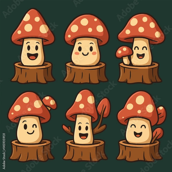 Fototapeta Cute Mushroom Character Illustrations on Tree Stumps with Happy Expressions
