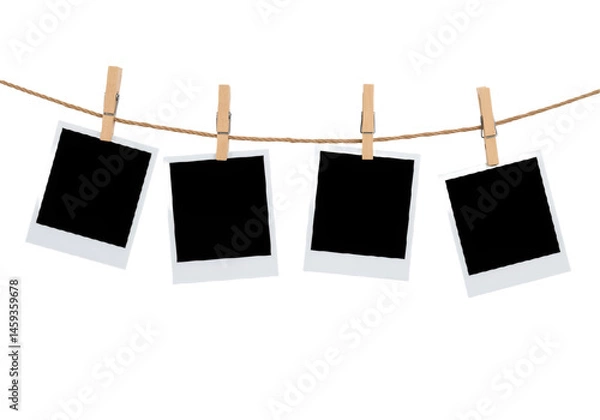 Obraz A row of Polaroid frames pinned on a rope with clothespins isolated on a transparent background