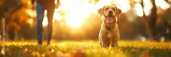 Obraz Playful dog walking on green grass in autumn park during golden hour sunset light