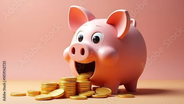 Fototapeta Piggy bank with coins spilling out, playful 3D design