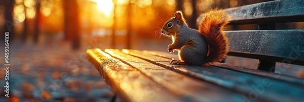 Obraz Squirrel Sitting on a Park Bench at Sunset with Golden Light Glowing in the Background