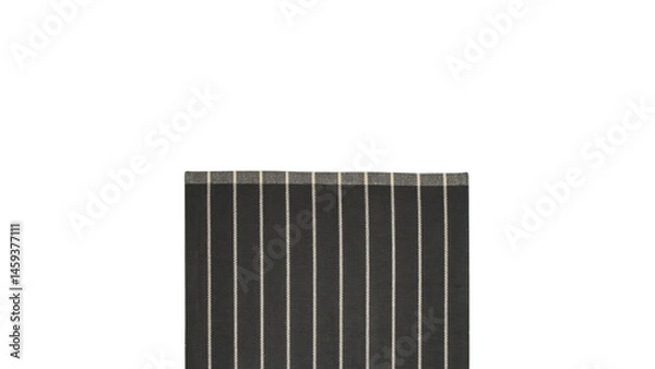 Fototapeta Top view close-up of textile rug with alternating stripes in black and gray, isolated on white copy-space background.