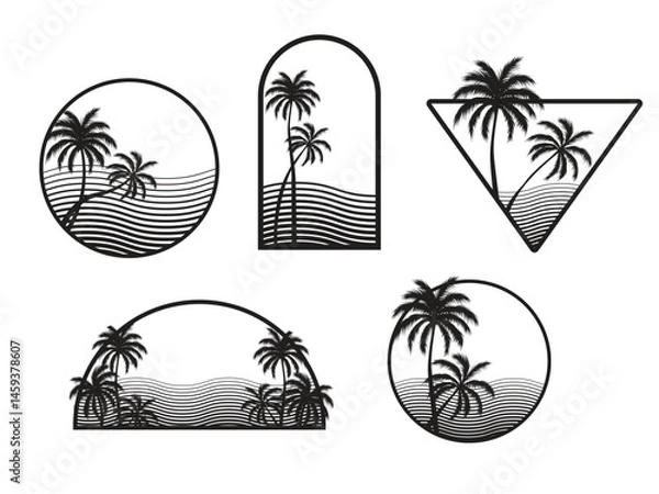 Fototapeta Collection of a retro badges with silhouettes of palm trees and waves. Vector illustration isolated on white background