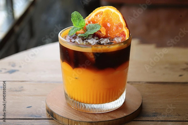 Fototapeta 

Orange coffee topping with mint leaves and sliced orange on wooden background.This menu is very popular in Thailand called Black Orange Coffee. Generated image