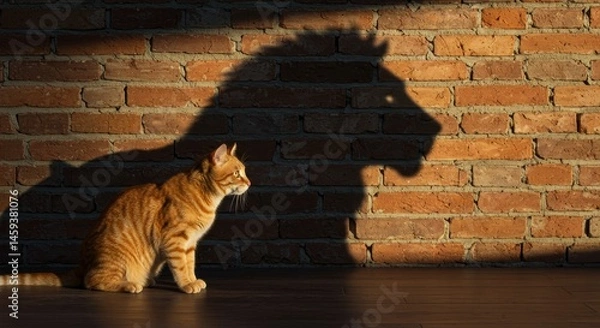 Fototapeta Cat and Lion Shadow on Brick Wall - Orange tabby cat sits facing a large lion shadow projected on a brick wall, symbolizing inner strength and potential