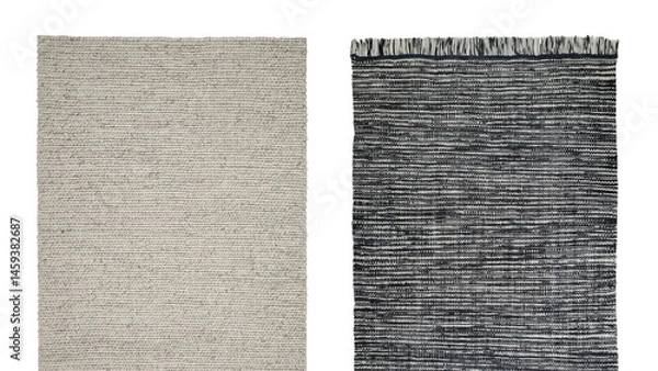 Fototapeta Two distinct area rugs showcase different textures and colors in a modern interior space emphasizing design versatility and style.