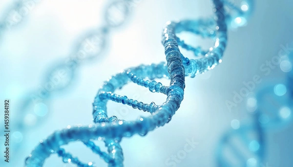 Fototapeta Transparent blue DNA helix twisting in space with soft reflections against bright white and light blue background, symbolizing innovation and scientific discovery.