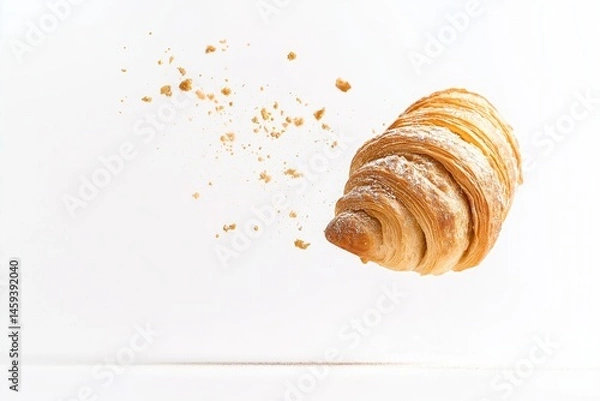 Fototapeta Flying croissant with crumbs, on white background. Delicious pastry in motion