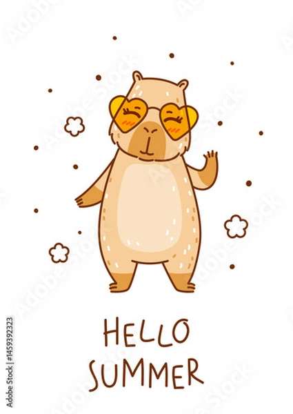 Obraz Cute сartoon capybara with sun glasses isolated on white background - funny animal for Your happy summer greeting card design