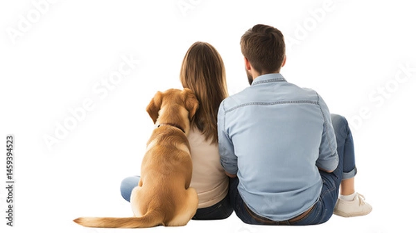 Obraz Young couple and their Labrador dog, back view, on white background 