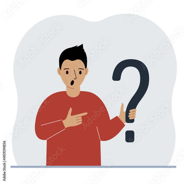 Obraz A man is holding a question mark symbol. Ask questions and look for answers. FAQ or frequently asked questions concept, online support center. Vector flat illustration.