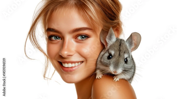 Obraz Girl in tank top with chinchilla on her shoulder, isolated on white