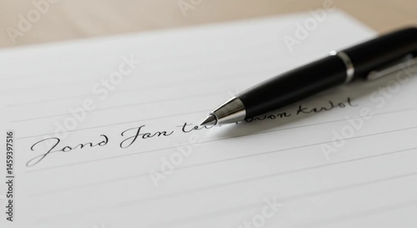 Fototapeta Elegant Handwriting with Pen and Paper - Close-up shot of a black pen resting on lined paper with elegant cursive handwriting