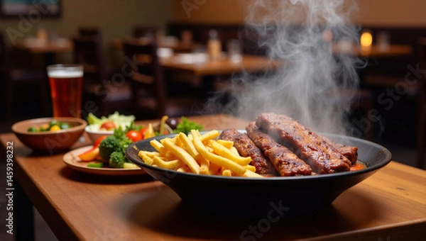 Fototapeta Deliciously Steaming Kebabs with Fries in a Restaurant Setting