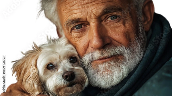 Obraz Elderly man with a small white dog in front of chest, facing camera, waist-up