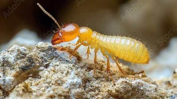 Fototapeta Close-up view of a termite on a light-colored rocky surface.