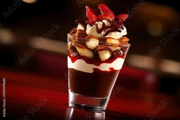 Obraz A decadent dessert parfait in a glass, layered with chocolate, cream, cake pieces, strawberries, and chocolate sauce.