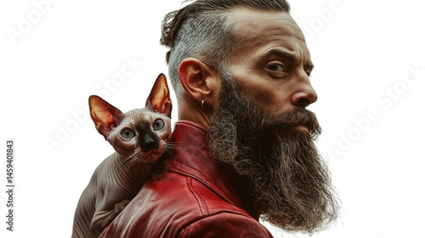 Obraz Bearded man with sphynx cat peeking from behind his back, high-res PNG