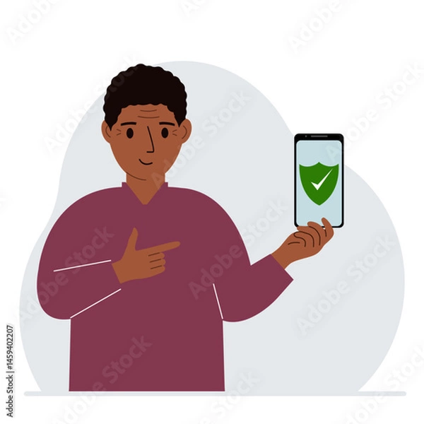 Fototapeta A man holds in his hand a mobile phone on which antivirus software is installed. Vector flat illustration