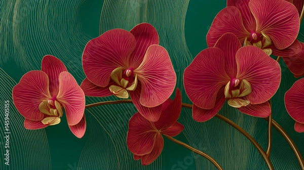 Fototapeta Close-up of red orchids with gold detailing on a dark green background, creating an elegant and luxurious aesthetic, ideal for interior design or branding