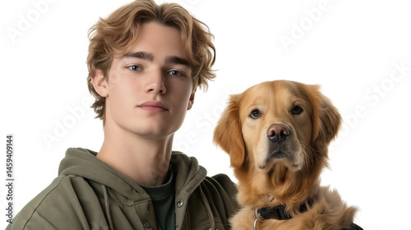 Obraz Portrait of a young man with his golden retriever, both facing camera, clean white background, PNG