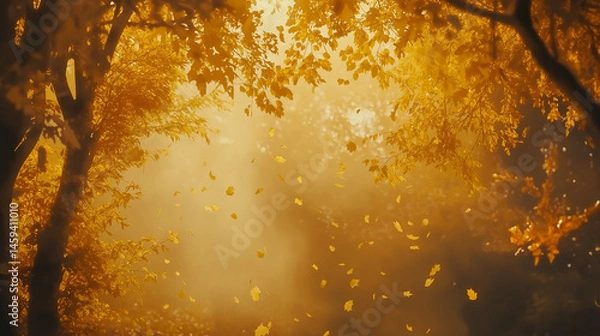 Fototapeta Autumn forest background with golden leaves, misty atmosphere, warm tones, sunlight streaming through trees, cinematic look, realistic style 